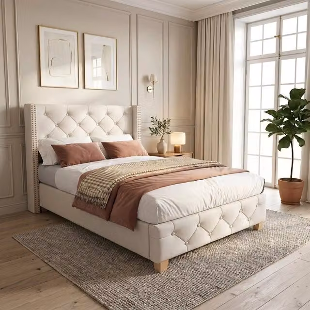 Letto imbottito CIPACHO in lino beige L/P/H: 90 x 200 x 108 cm