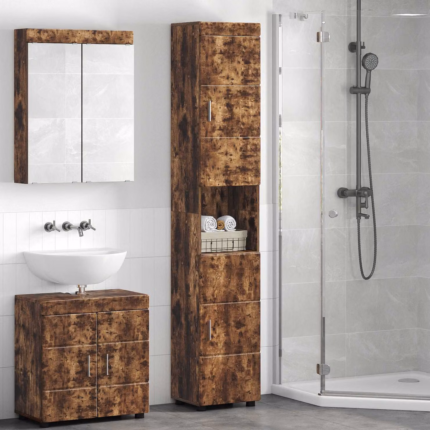 Set di armadi da bagno vidaXL TULUM in rovere fumé marrone con ante a cerniera e ripiani interni L/P/H: 37 x 31,5 x 203 cm
