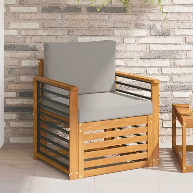 Divano da esterno moderno in legno di acacia massello e poliestere grigio per giardino e terrazza