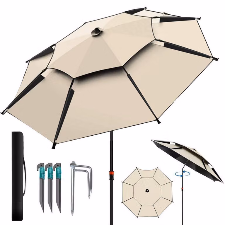 Ombrellone da spiaggia, 200 cm di diametro, a doppio strato, color kaki, protezione UV 50+, resistente al vento, regolabile in altezza, inclinabile a 360°, con custodia e picchetto per fissaggio al suolo