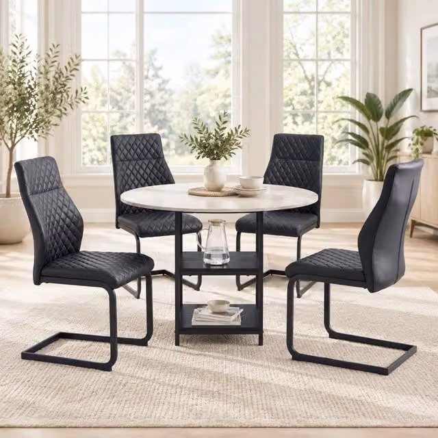 Set tavolo da pranzo rotondo Mivray con 4 sedie, piano con ripiani e finitura opaca, colori bianco e nero, L: 120 cm, H: 107 cm, H sedie: 75 cm