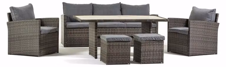 Set da giardino a 6 posti in polyrattan con divano, 2 poltrone, 2 pouf, cuscini sfoderabili e tavolo in polywood per terrazza e veranda, Catania