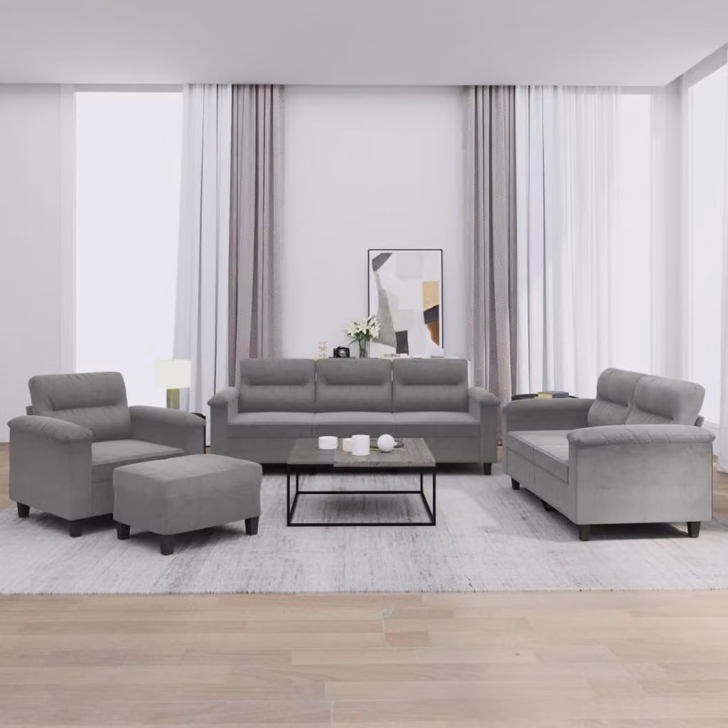 Set di Divani 4 pz vidaXL in Microfibra Grigio con Cuscini e Pouf per Soggiorno – 1