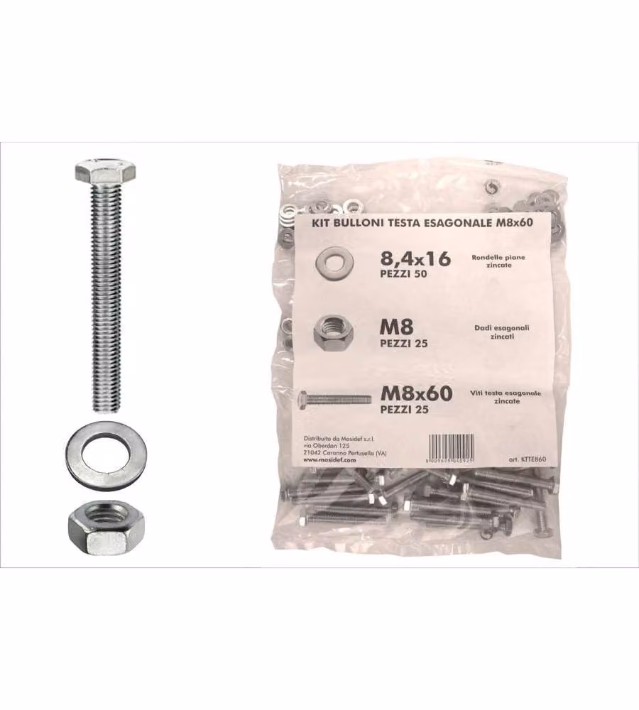 Kit viti testa esagonale M8 x 60 + dadi + rondelle - 100 pz.