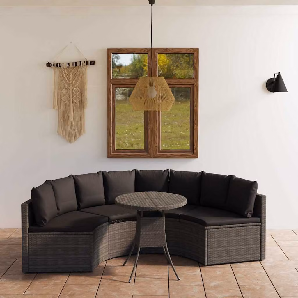 Set di divani da giardino vidaXL da 5 pezzi con cuscini e tavolino in rattan grigio e struttura in metallo – 1