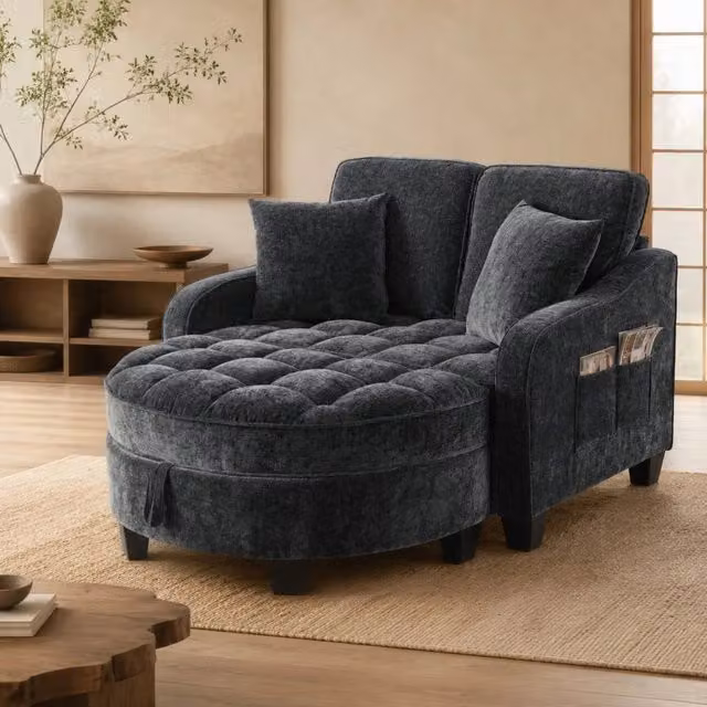 Divano letto MIVRAY 2 in 1 con pouf contenitore in tessuto nero e struttura in legno e metallo per piccoli spazi – 1
