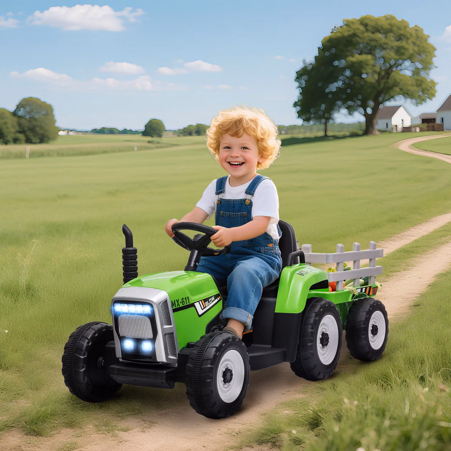 Trattore Elettrico per Bambini HOMCOM con Rimorchio Rimovibile, Batteria Ricaricabile 12V e Telecomando, Verde – 2