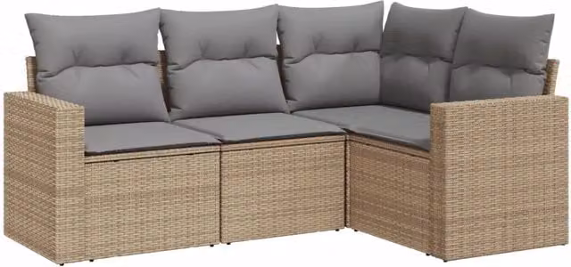Set Divano da Giardino 4 pz | Set Salotto da Giardino con Cuscini Beige in Polyrattan