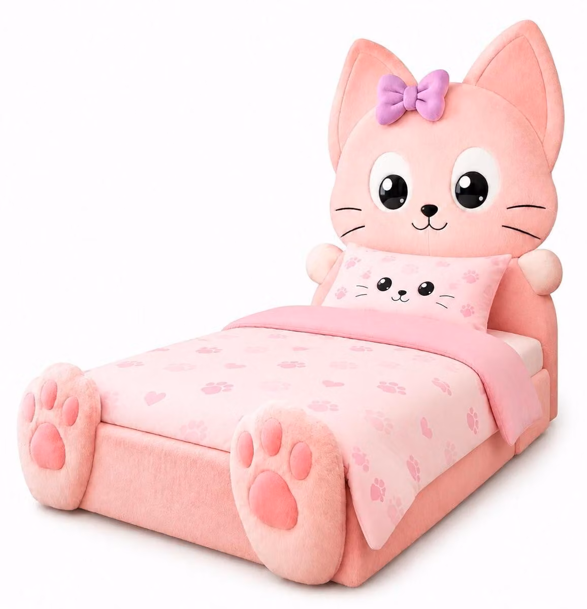 Letto per bambini rosa in pelle con motivo di gattini, mobili per bambini di alta qualità