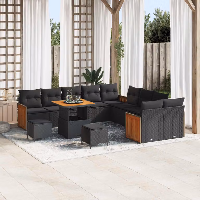 Set Divano da Giardino vidaXL a forma a U con 13 posti, Nero e Marrone, con Cuscini e Tavolino da Esterno