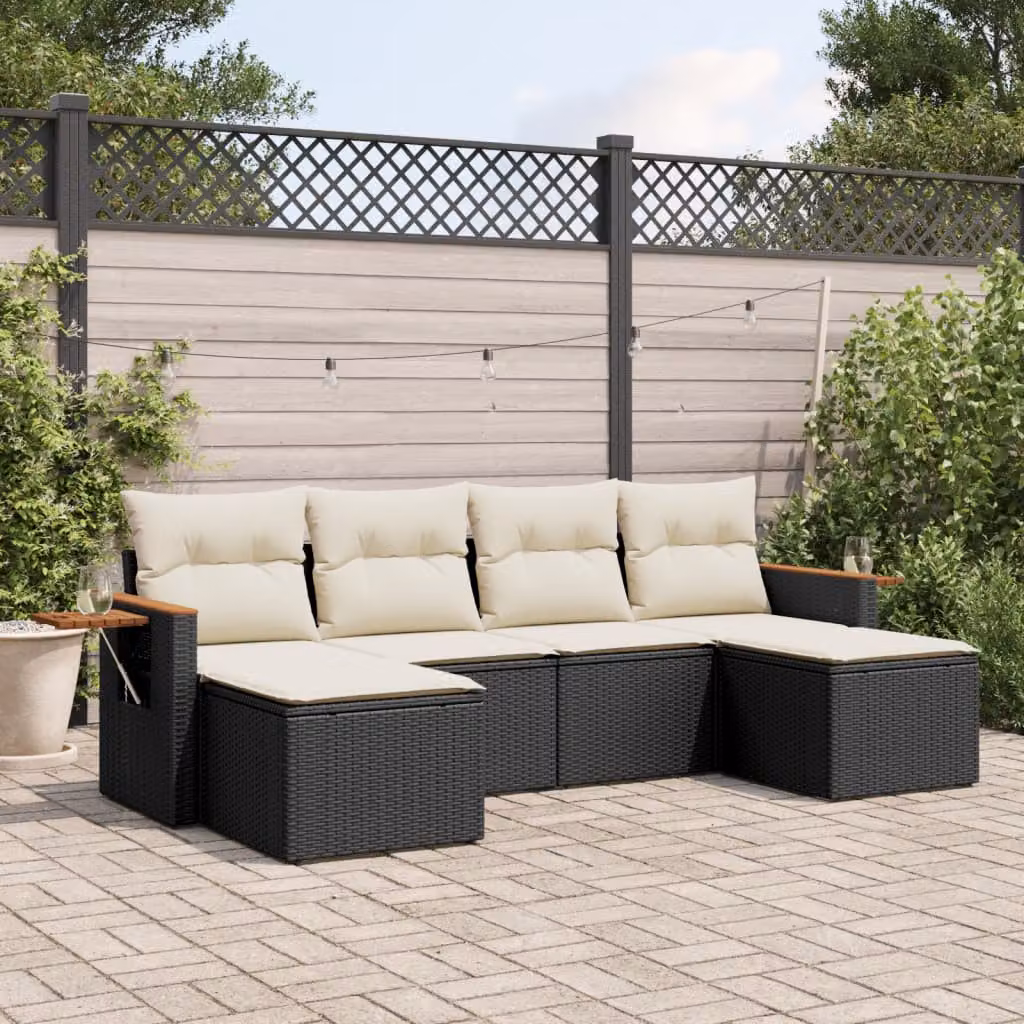 Set Divano da Giardino vidaXL 6 pz in Polyrattan Nero con Cuscini e Tavolino da Esterno – 1