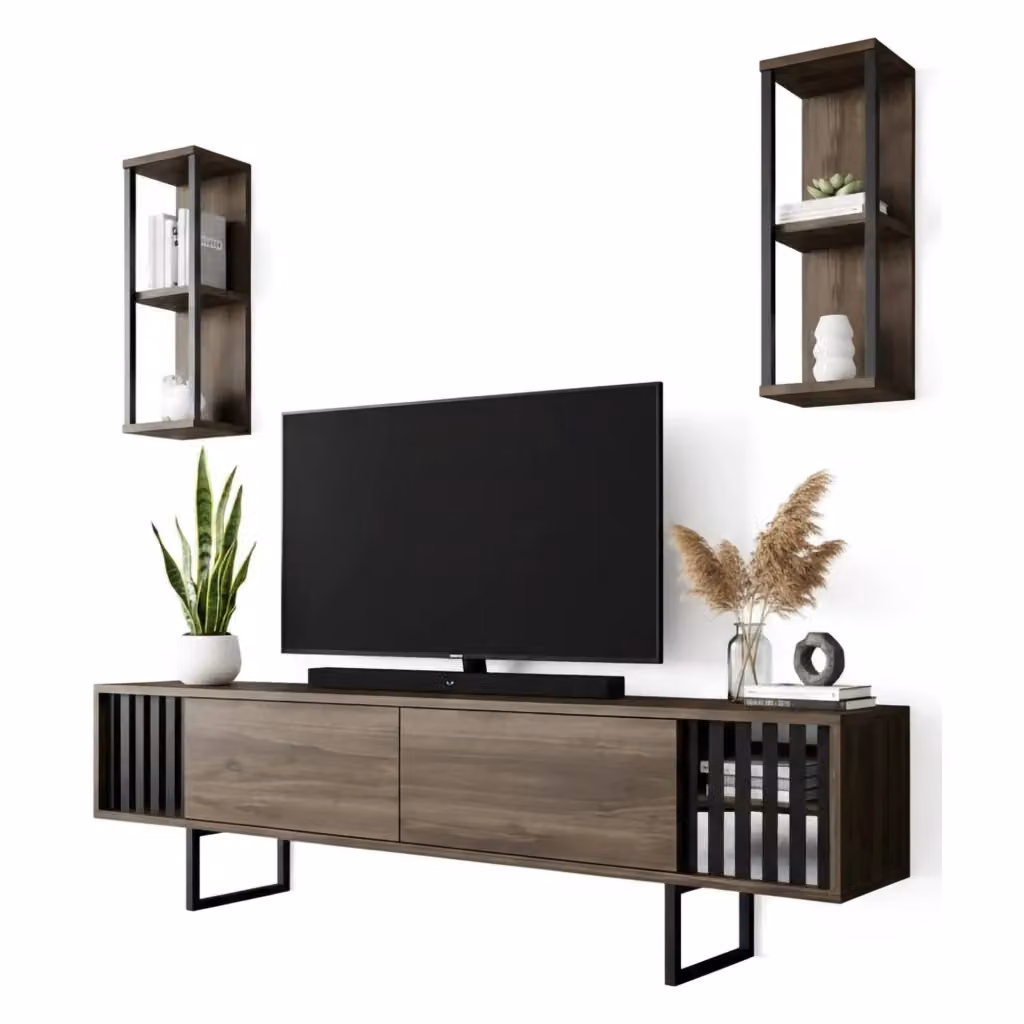 Mobile porta TV DMORA, Credenza moderna per soggiorno in legno e metallo, L: 180 cm, P: 30 cm, H: 48 cm, Noce e Nero – 2