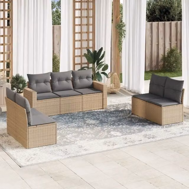 vidaXL Set Divani da Giardino 7 pz a Forma a L in Polyrattan con Cuscini Beige e Grigio – 1