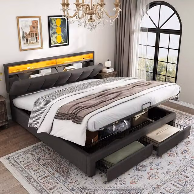 Letto 160x200cm - Xylo - Grigio, LED, Contenitore, Telaio in Acciaio