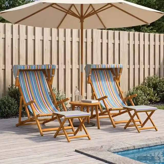 Set di 4 lettini prendisole vidaXL in legno massello trattato con tendalino e poggiatesta regolabile, fantasia a righe multicolore – 1