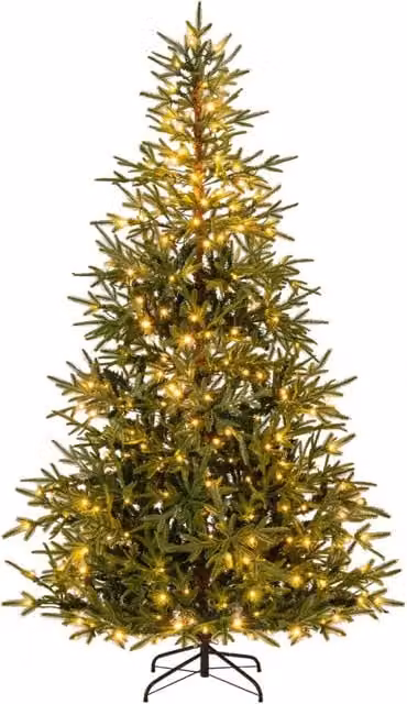 Albero di Natale artificiale pre-illuminato con luci LED calde e multicolore, Altezza: 210 cm, con base metallica pieghevole