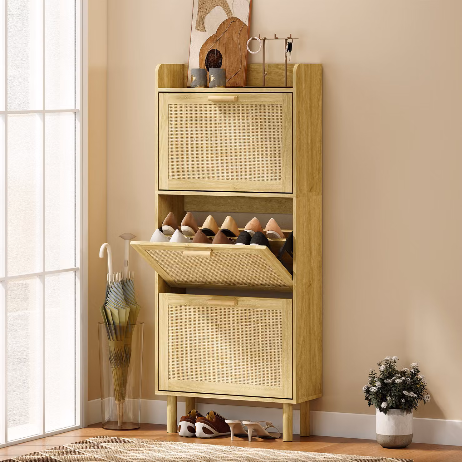 Scarpiera HOMCOM con 3 ante ribaltabili e vano aperto, Rovere, L: 65 cm, P: 24,5 cm, H: 153 cm – 2