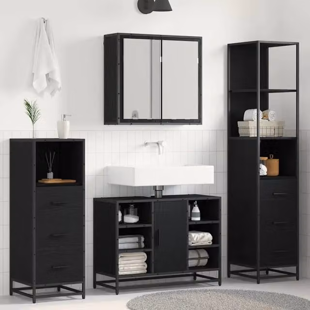 Set di mobili per il bagno 4 pz Rovere Nero 80 x 33 x 60 cm 3402356