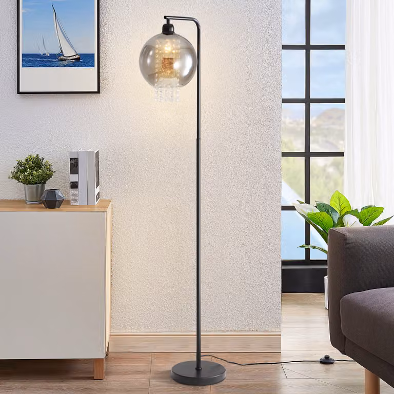 ZMH lampada da terra soggiorno camera da letto E27 lampada da terra grigio fumo grande lampada da terra moderna con interruttore a pedale design palla di vetro cristallo per ufficio divano camera dei bambini hotel (senza lampadina)