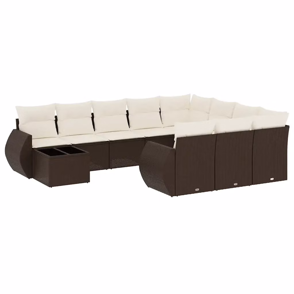 vidaXL Set Divani da Giardino 11 pz in Polyrattan Marrone e Bianco con Cuscini e Tavolino da Esterno – 2