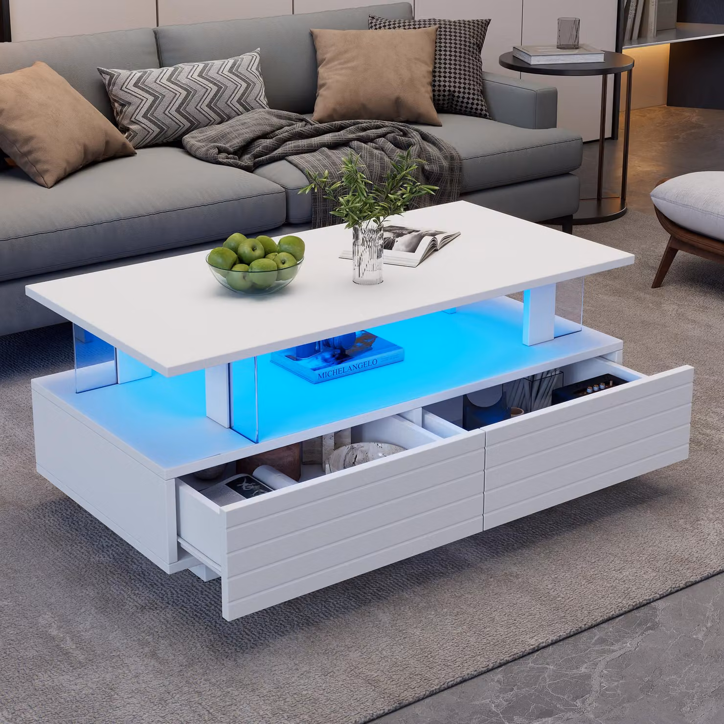 Tavolino da caffè, dimensioni 100 x 50 x 42 cm, realizzato in pannello di particelle di legno al 100%, con piano in vetro acrilico, colore bianco, dotato di illuminazione a LED, 2 cassetti e ripiano aperto