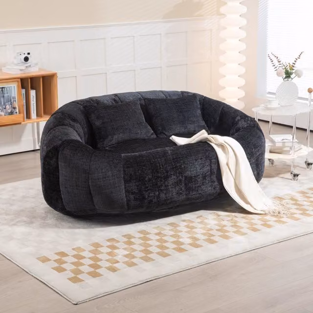Divano sacco in ciniglia con imbottitura in schiuma e braccioli per soggiorno e camera da letto nero 150 × 95 × 63 cm