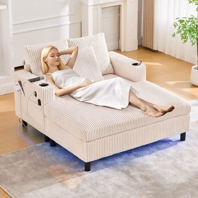 Poltrona relax 142x128x85 cm con LED; USB e portabicchiere in velluto a coste beige