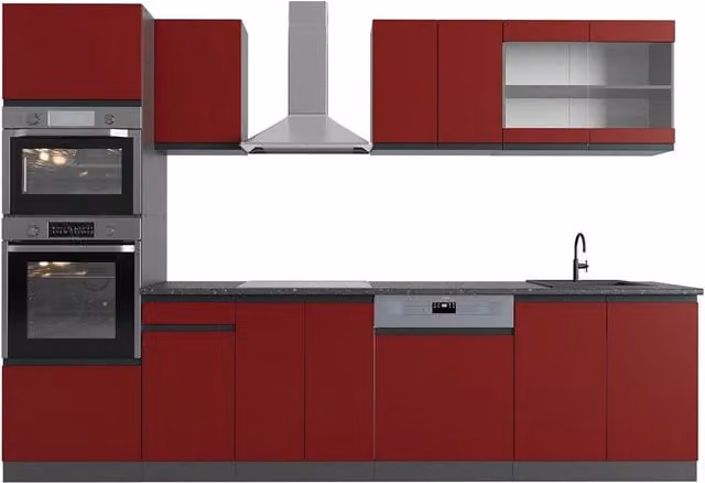 Cucina componibile moderna Vicco R-Line J-Shape Rosso e Antracite con armadio alto, L: 300 cm, H: 206.8 cm, P: 60 cm – 1