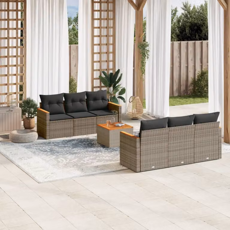 Set di divani da giardino vidaXL in polyrattan grigio con 7 pezzi e cuscini inclusi