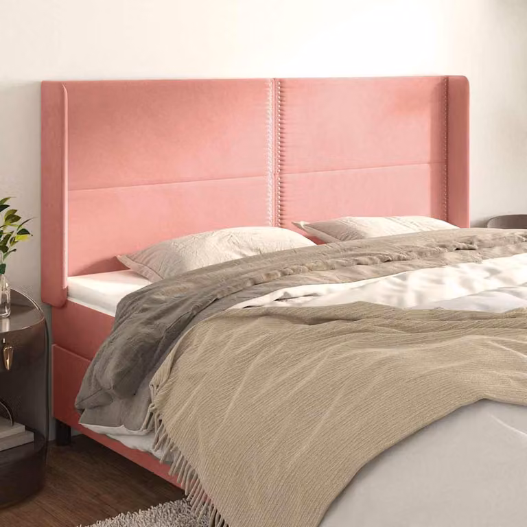 Testiera ad orecchio vidaXL in velluto rosa con struttura in legno e MDF L: 203 cm, P: 16 cm, H: 118/128 cm