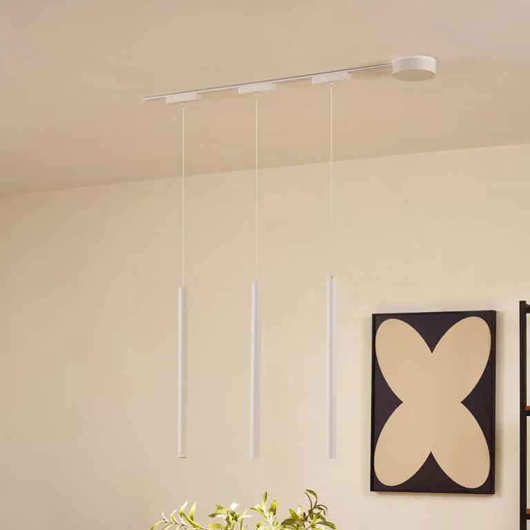 Sistema a binario 48V Lumaro, sospensione, 3 luci, bianco, CCT Lumaro Lindby, dimmerabile, Bianco / Opale, Soggiorno / Sala da pranzo, Alluminio, Moderno
