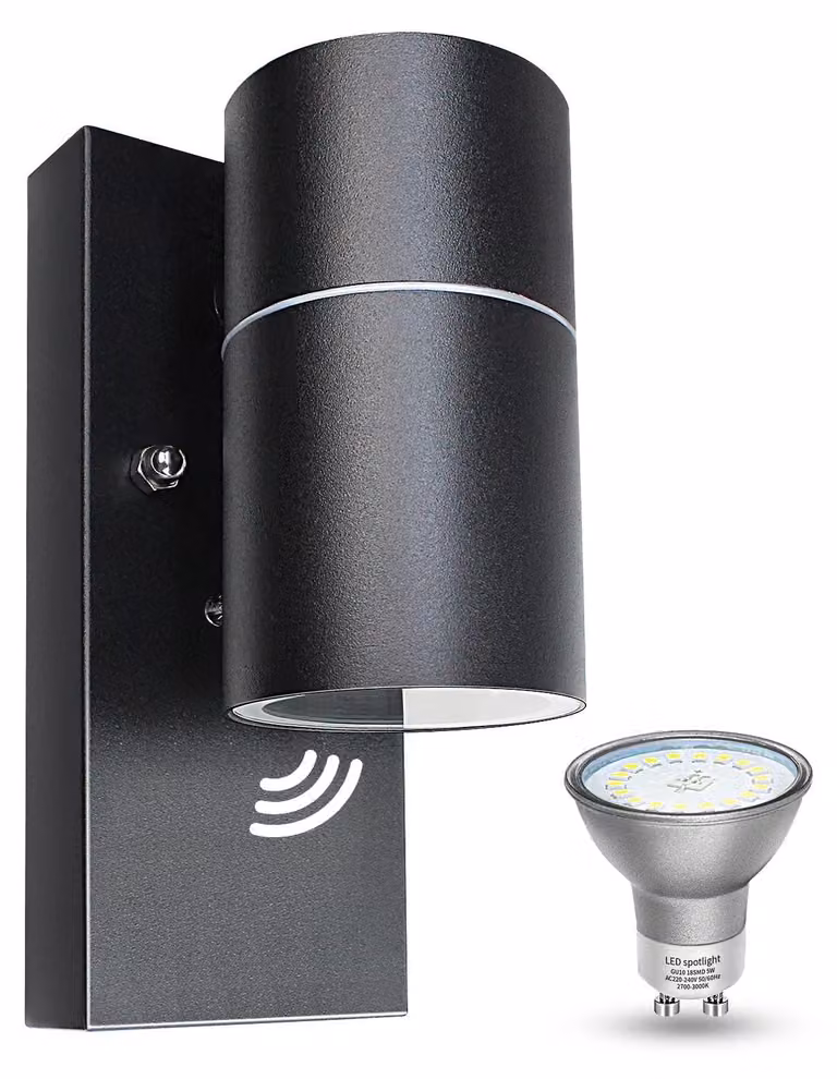 Lampada da parete esterna con sensore di luminosità, attacco GU10, grado di protezione IP44, colore nero, 5W LED