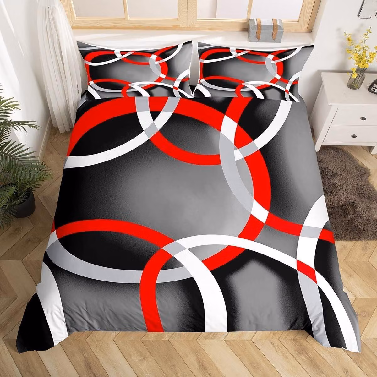 Set di lenzuola per singola persona - Motivo geometrico moderno - Grigio, rosso, nero, bianco