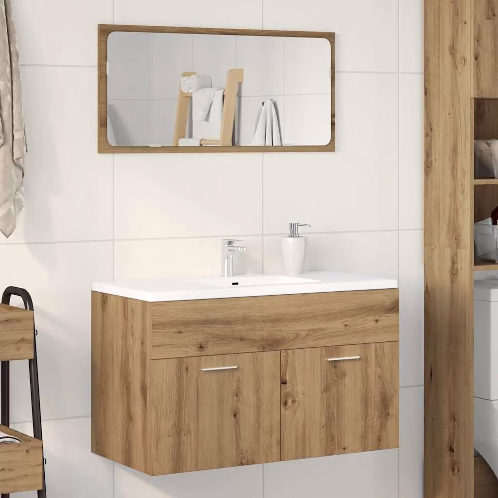 Lavabo da bagno sospeso vidaXL in rovere marrone con ante a cerniera, L: 90 cm, P: 38,5 cm, H: 46 cm
