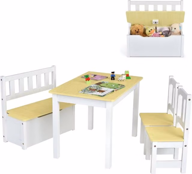 Set tavolo da attività per bambini Design Mania in legno di pino, composto da 1 tavolo rettangolare, 2 sedie e 1 panca, stile scandinavo, colori beige e bianco