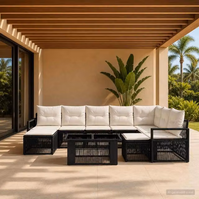 Set Divano da Giardino 10 pz Nero e Bianco Crema polyrattan 3437185