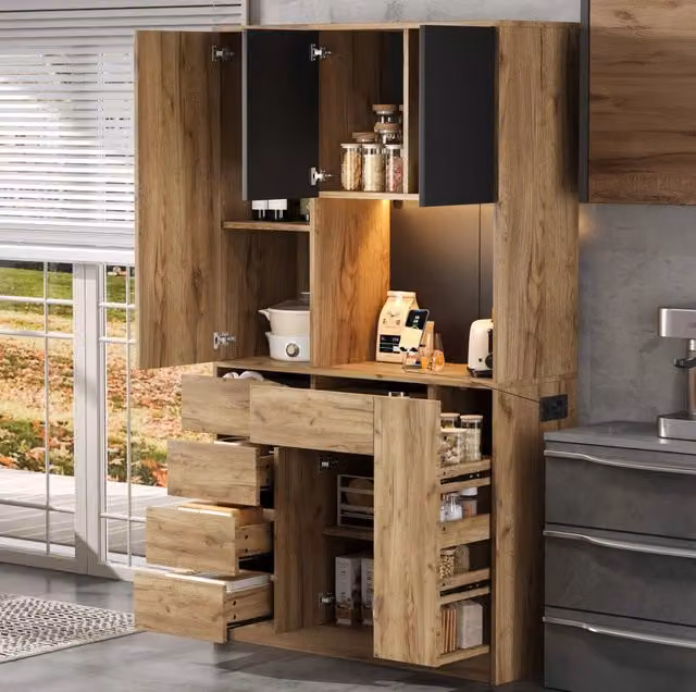 Credenza da cucina 185 x 105 x 40 cm in MDF; nero e naturale; con LED e prese