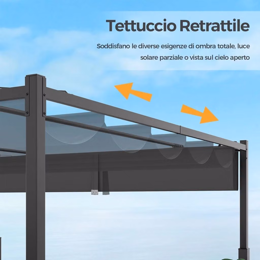Pergola da esterno Costway con tettoia retrattile in poliestere e struttura in metallo, Grigio, L/P: 310 x 310 cm, H: 225 cm – 2