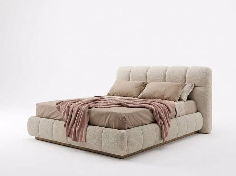 Letto imbottito moderno, color crema, matrimoniale, design per la camera da letto