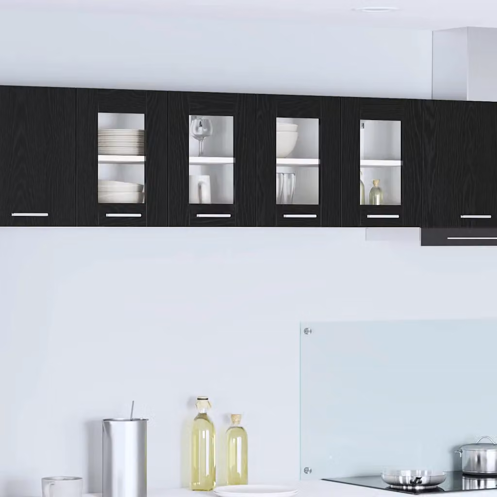 Set di 2 armadi pensili da cucina vidaXL moderni con ante in vetro e finitura nero opaco in legno ingegnerizzato L/P/H: 60,0 x 22,7 x 40,0 cm
