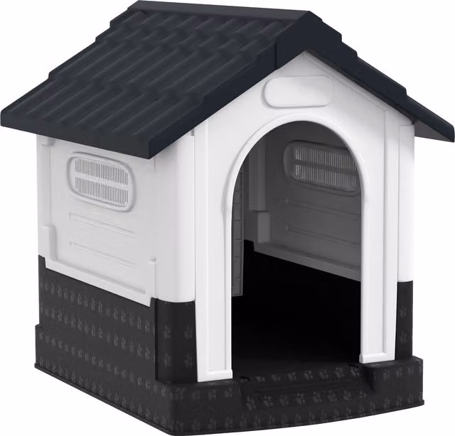 Cuccia per cani mini da esterno PawHut in plastica con 3 finestre, base rialzata e tetto inclinato, L: 64,5 cm, P: 57 cm, H: 66 cm, Grigio scuro