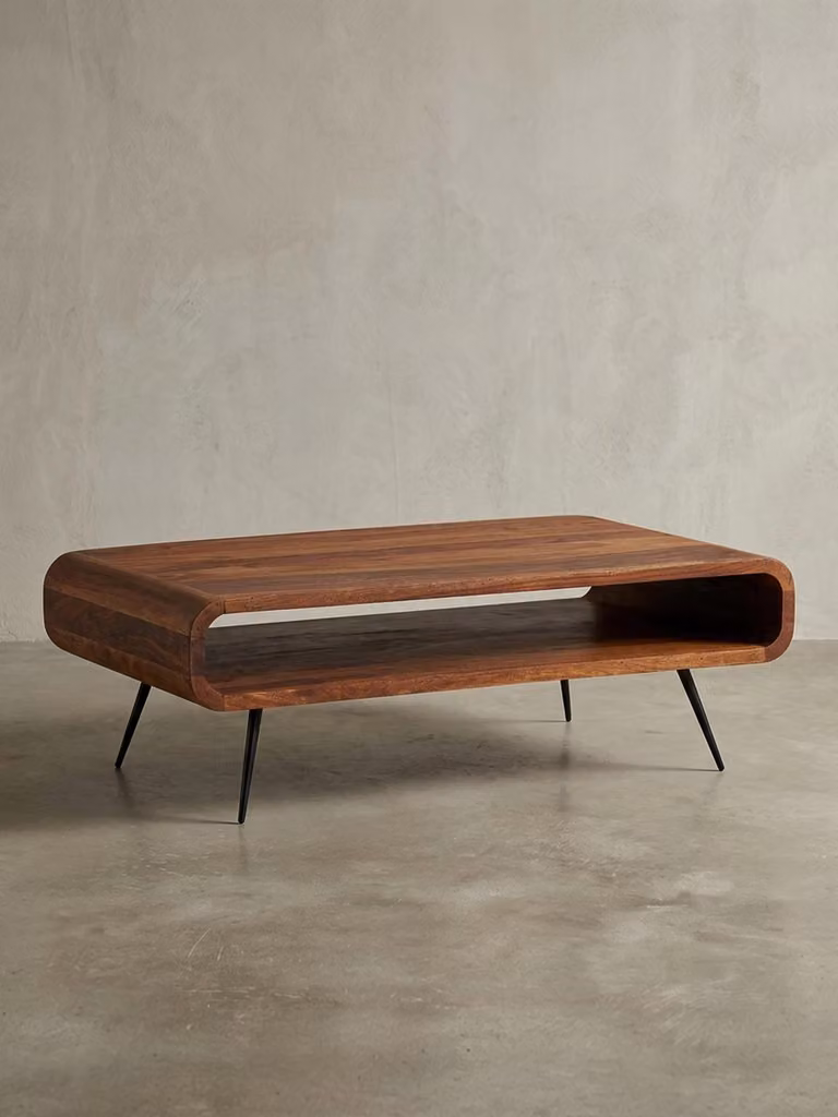 Tavolo da soggiorno in legno massiccio, moderno ed elegante, in legno di sheesham, con vano portaoggetti. 90x55x30 cm | Kadima Design