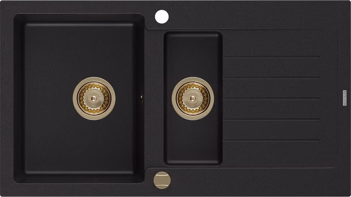 Mexen Matias lavello in granito 1,5 vasche con gocciolatoio 900 x 505 mm, nero, sifone dorato - 6502901505-77-G
