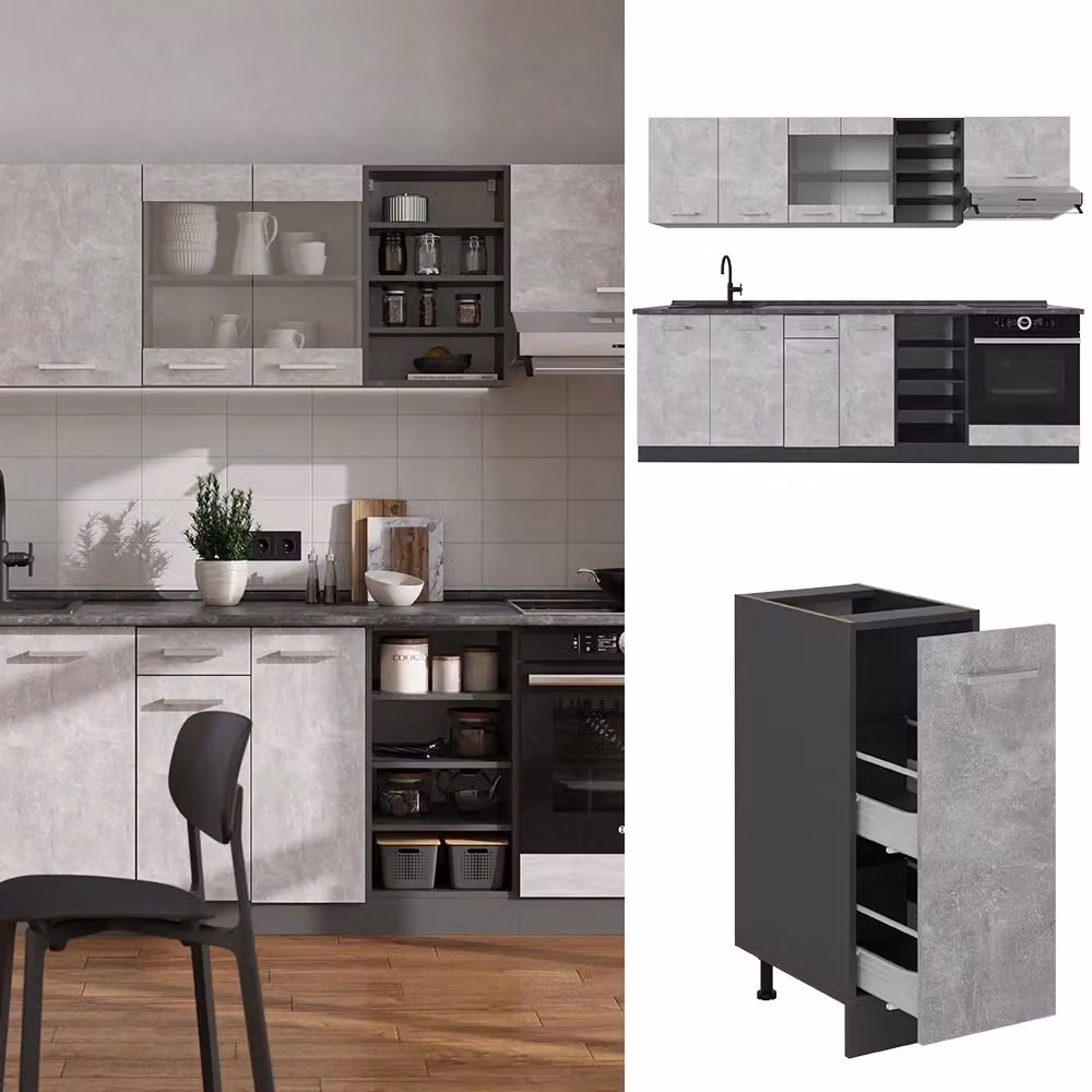 Cucina componibile moderna Vicco R-Line in antracite e rovere con ante in vetro e scaffali aperti L: 240 cm – 2