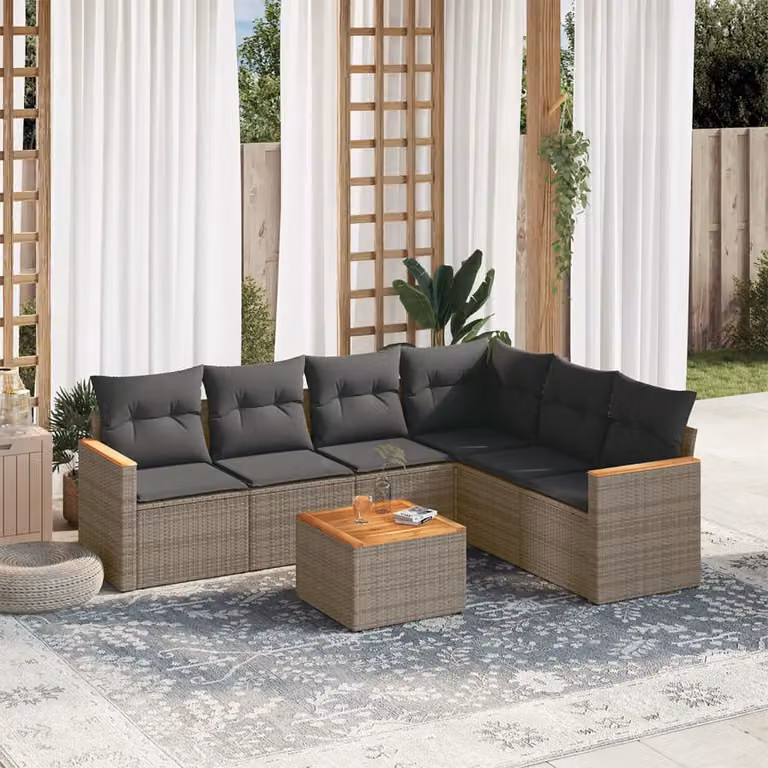 vidaXL Set Divani da Giardino 7 pz a Forma a L con Cuscini Grigio in Polyrattan e Tavolino da Esterno