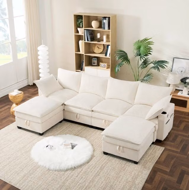 Divano modulare componibile L/U con USB; contenitore e portabicchieri; corduroy beige 280x151x82 cm
