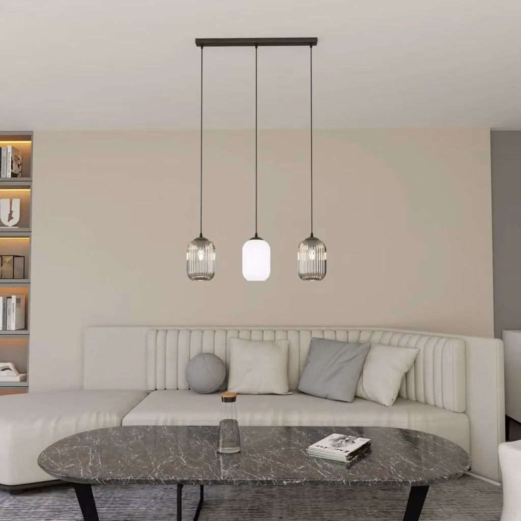 Lampadario a sospensione Luceart-Classic con 3 luci in acciaio nero e vetri plissettati bianchi e fumè – 2