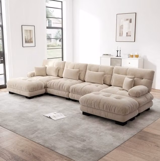 Divano modulare componibile in ciniglia con pouf mobili e cuscini; marrone chiaro