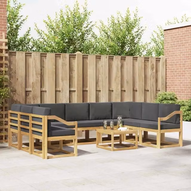 Set di divani da esterno a forma di U vidaXL in legno di acacia con cuscini, Bianco, Antracite e Marrone