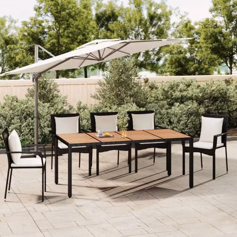 The Living Store Tavolo da giardino con piano in legno in poly rattan nero e legno di acacia